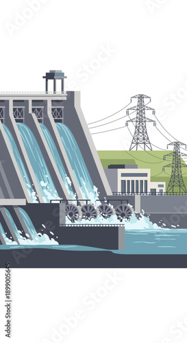 Hydroelectric Dam with Water Flowing Down.