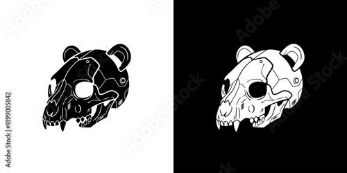 Black and white bear skull illustrations on contrasting backgrounds.