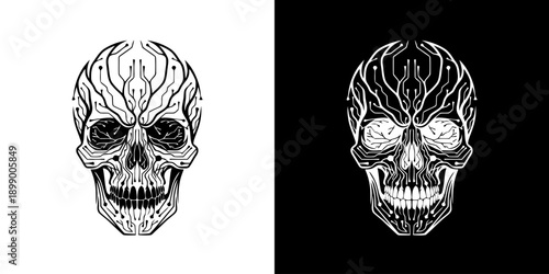 Illustration of two skulls with flame designs on white and black backgrounds.