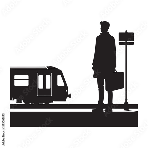  Solo Traveler at Train Station vector silhouette line art logo design concept illustration