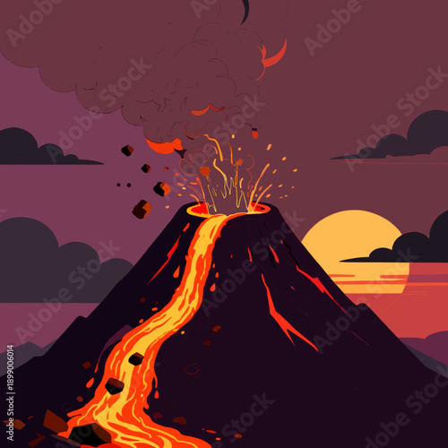 Erupting Volcano Illustration with Flowing Lava and Smoke at Sunset