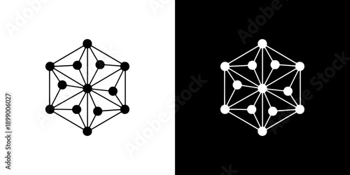 Geometric molecular structure illustrations on white and black backgrounds