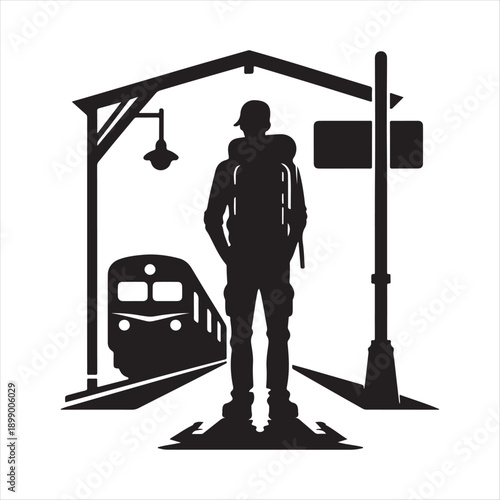  Solo Traveler at Train Station vector silhouette line art logo design concept illustration