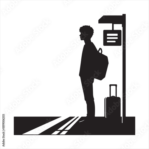  Solo Traveler at Train Station vector silhouette line art logo design concept illustration