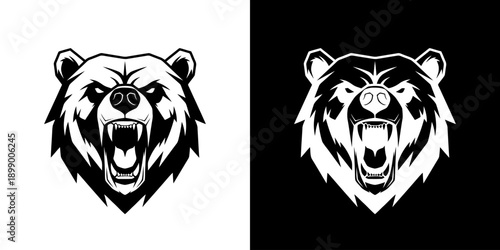 Two black and white bear head logos on white and black backgrounds with graphic