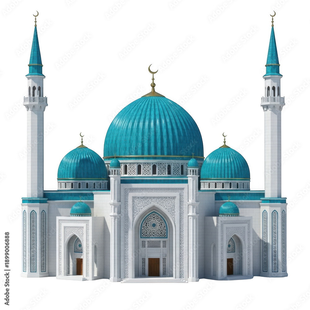 Fototapeta premium A white building with blue domes and minarets isolated on transparent background