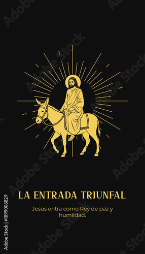 Palm Sunday Jesus Riding Donkey, Gold Vector Illustration