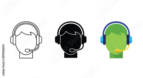 Collection of three different graphic styles representing a support agent or operator wearing a headset with an attached microphone