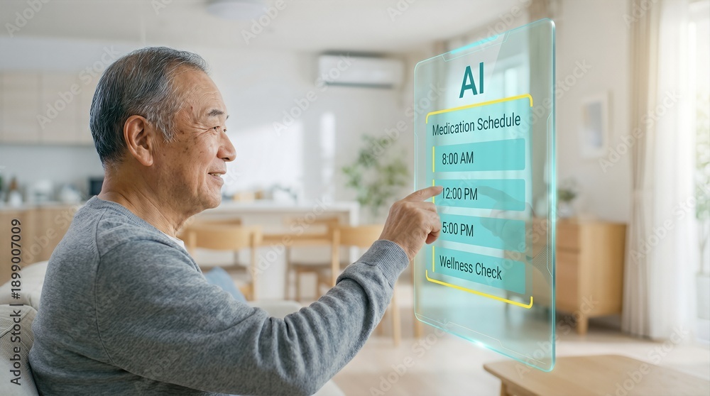 Fototapeta premium Elderly Asian man interacting with a transparent digital interface displaying an AI medication schedule in a modern living room setting