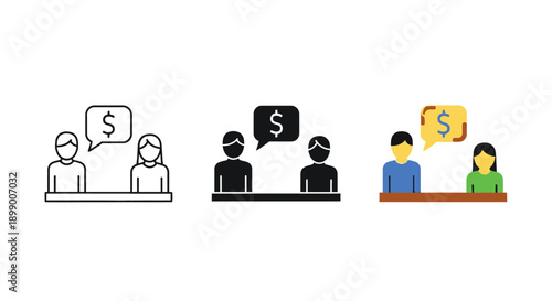 Collection of varied icon styles illustrating two people discussing financial matters across a table or counter space