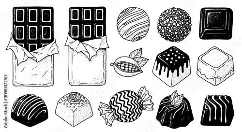 Hand-drawn black and white illustration of various chocolate products including bars, pralines, and a cocoa pod.