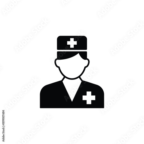 A black and white icon of a healthcare worker wearing scrubs and a cap with a medical cross symbol