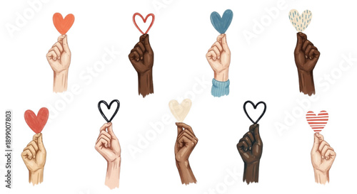 Diverse Hands Holding Heart Symbols Watercolor Love and Inclusion Set
