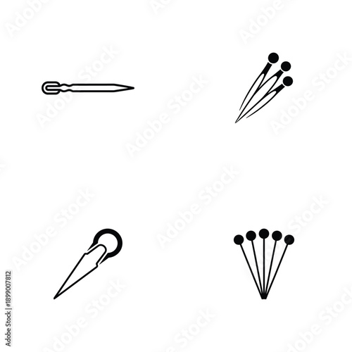 A collection of four diverse black outline icons illustrating different types of hairpins or sewing pins