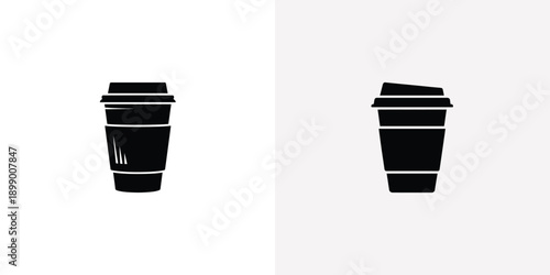 A disposable takeaway coffee cup with a lid shown in solid black and solid white silhouettes