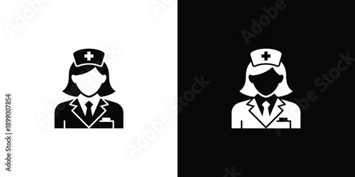 A minimalist black and white icon represents a female nurse wearing a cap with a cross symbol
