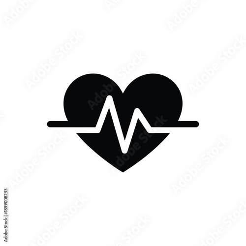 A simple black heart symbol with a white electrocardiogram heartbeat pulse line across its center