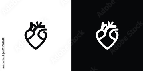 Minimalist black and white icons of an anatomical human heart are presented on a contrasting split background