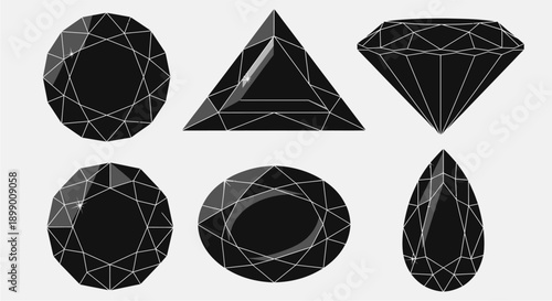 Collection of six black faceted gemstones in various cuts and shapes.