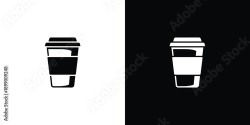 Pair of minimalist takeaway coffee cup icons, one in black on white and the other in white on black