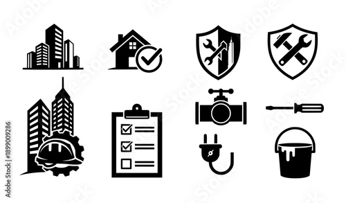 Black White Construction and Facility Maintenance Logo Icons Set Modern Vector Symbols