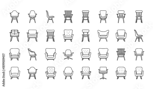 Modern and Classic Chair Outline Icon Vector Set Minimal Furniture Line Symbols
