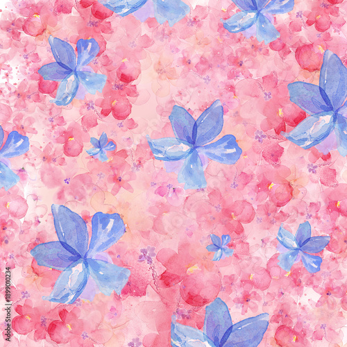 Watercolor Floral Background with Blue and Pink Flowers