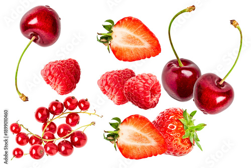 a vibrant collection of fresh red berries, including strawberries, raspberries, and currants, artfully arranged for a delightful culinary and visual experience.