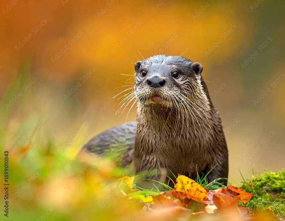 Fototapeta premium Otter sitting on grass with leaves.