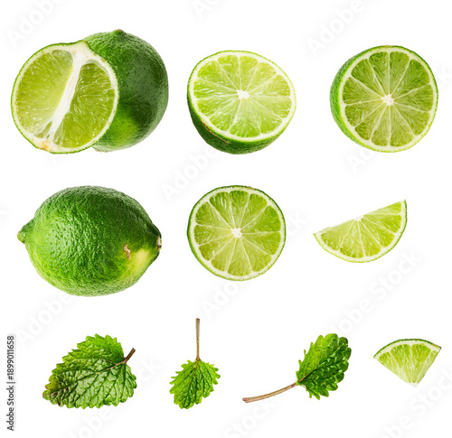 vibrant green limes and fresh mint leaves arranged artistically on a transparent background, showcasing their juicy texture and zesty freshness, perfect for culinary and beverage inspiration.