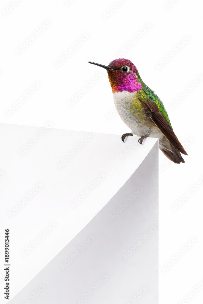 Fototapeta premium Hummingbird perched on folded white paper corner perch tiny paper fibers visible minimal composition studio photo isolated on white background