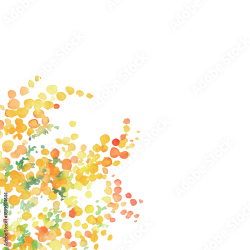 水彩画。水彩タッチの春のミモザフレーム。ミモザのベクターイラスト。春の植物背景。Watercolor painting. Spring mimosa frame with watercolor touches. Vector illustration of mimosa. Spring botanical background.