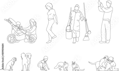 2D Outline People Illustration with Parents and Kids in Everyday Activities for Architecture Scale Reference and Presentation Design