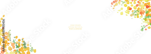 水彩画。水彩タッチの春のミモザフレーム。ミモザのベクターイラスト。春の植物背景。Watercolor painting. Spring mimosa frame with watercolor touches. Vector illustration of mimosa. Spring botanical background.