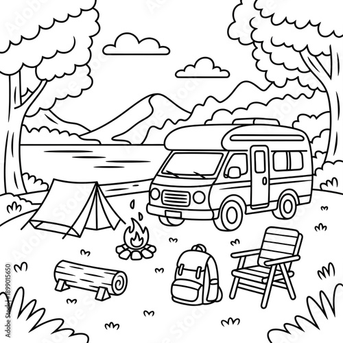 Camping RV Lake Scene Coloring Page for Kids and Adults