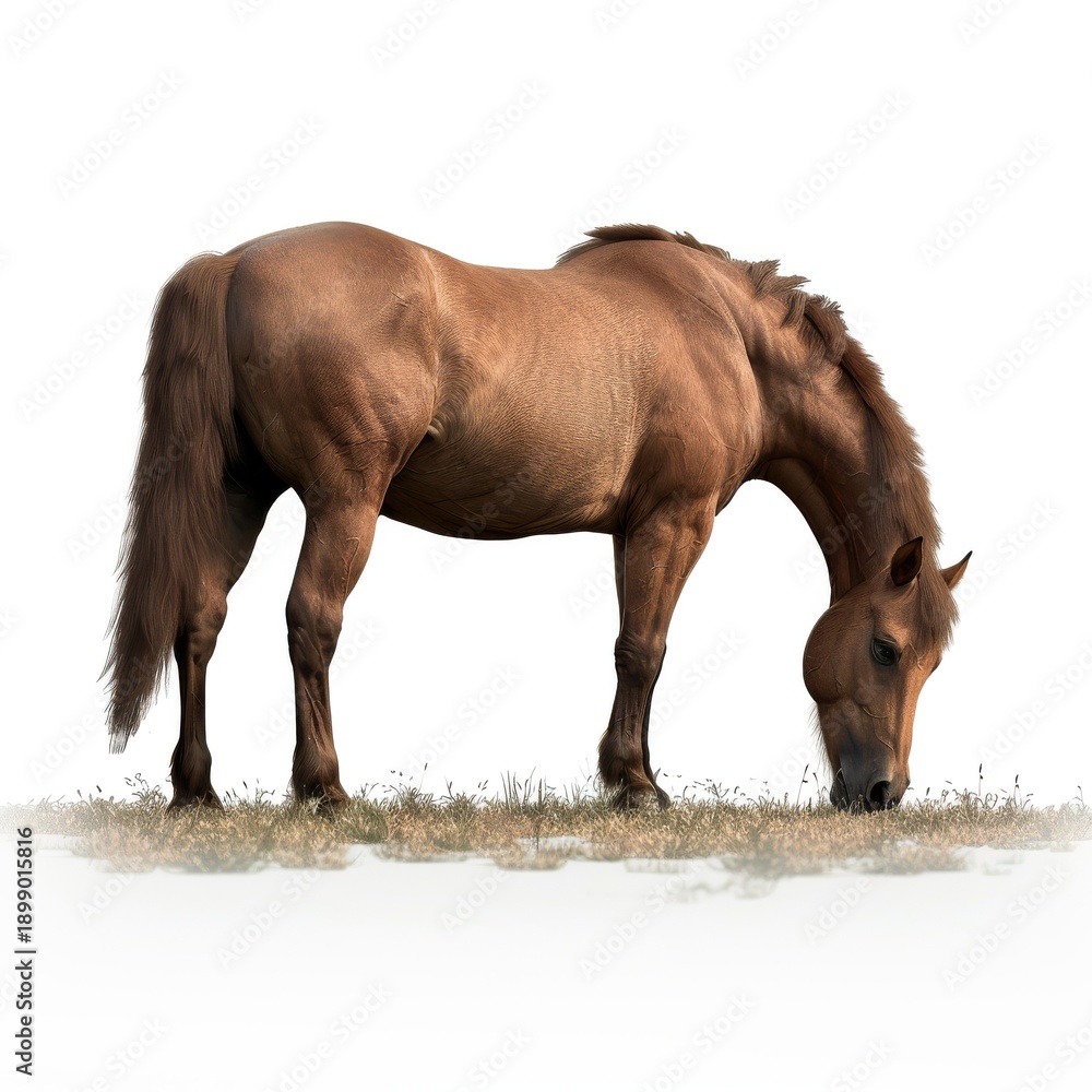 Obraz premium Calm Brown Horse Grazing Peacefully in Open Field.