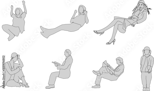 Collection of Casual People Sitting Illustration in Flat Design for Modern Urban Life and Daily Activity Representation