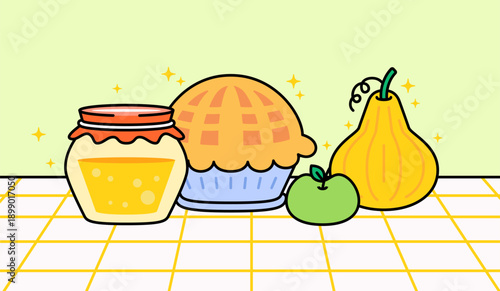 Food illustration featuring a pie, honey jar, apple, and pear on a table. Perfect for bakery, dessert, harvest, kitchen, and cozy food in autumn vector hand drawn style