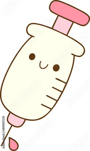 Cute syringe with smiling face, designed in cartoon style, evokes friendly and approachable feeling