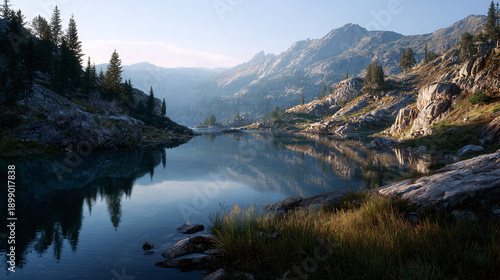 A scenic landscape with a tranquil lake reflecting the mountains and sky