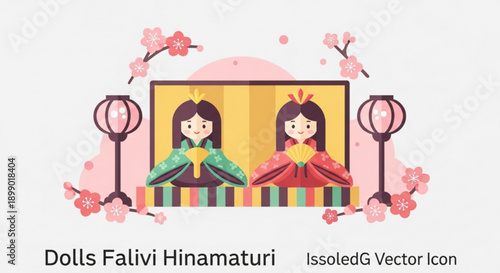 Two japanese hinamatsuri dolls on display with cherry blossoms and lanterns traditional celebration