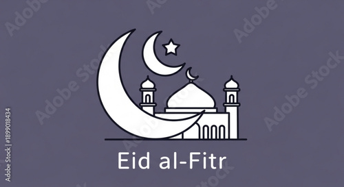 Eid al fitr celebration icon with mosque crescent moon and star on dark background
