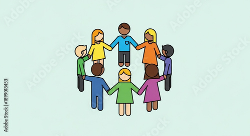 Diverse group of people holding hands in a circle symbolizing unity and friendship on a light green background