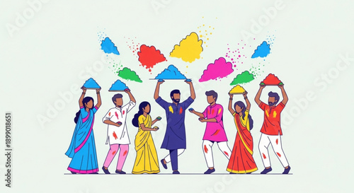 People celebrating holi with colorful powder vibrant festival of colors indian culture joyful atmosphere traditional clothing