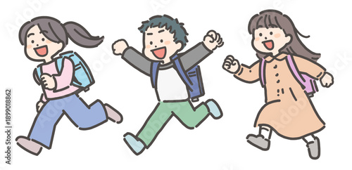 ランドセルを背負って走る小学生の男の子と女の子の子供たち