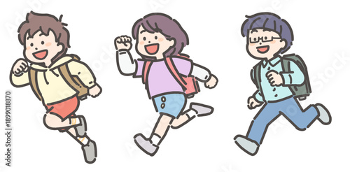 ランドセルを背負って走る小学生の男の子と女の子の子供たち