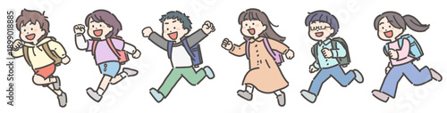 ランドセルを背負って走る小学生の男の子と女の子の子供たち