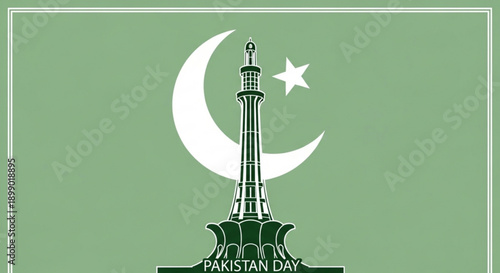 Pakistan day celebration with iconic minar e pakistan monument and crescent moon star symbol on green background