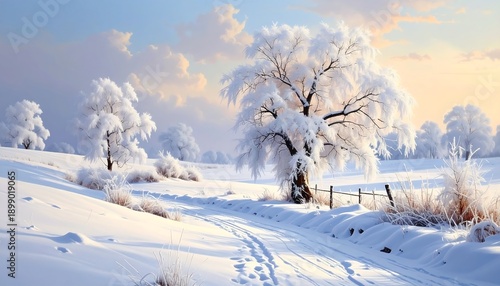 A snow-covered field with frosted trees and a dirt path leading toward a light-filled horizon under a cloudy sky