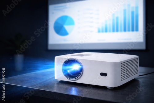 A modern projector that lights up in a dark room, displaying data graphs and pie charts on a presentation screen.